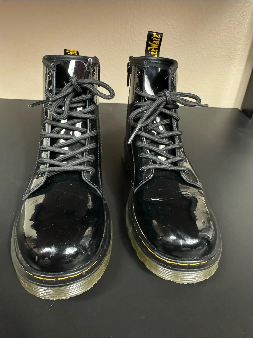 Dr. Martens Patent Leather Black Glossy Combat Boots Youth Size 3